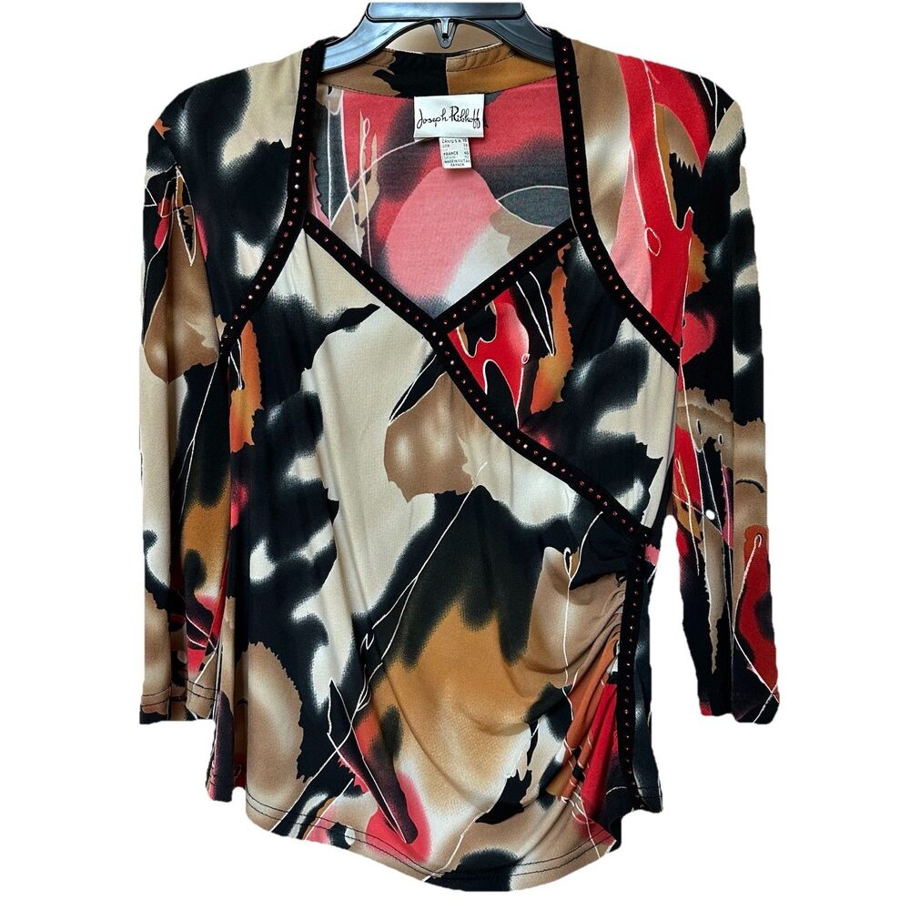 Joseph Ribkoff Top Women 10 3/4 Sleeve Rhinestones Abstract Stretch Ruched Party
